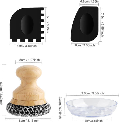 Cast Iron Scrubber and Scraper,Chain Mail Cleaner with Bamboo Handle & Draining Tray,316 Stainless Steel Brush for Cleaning Pots,Pans,Wok,Bakeware,Griddles, Grills,Dishes (Small Chain Mail)