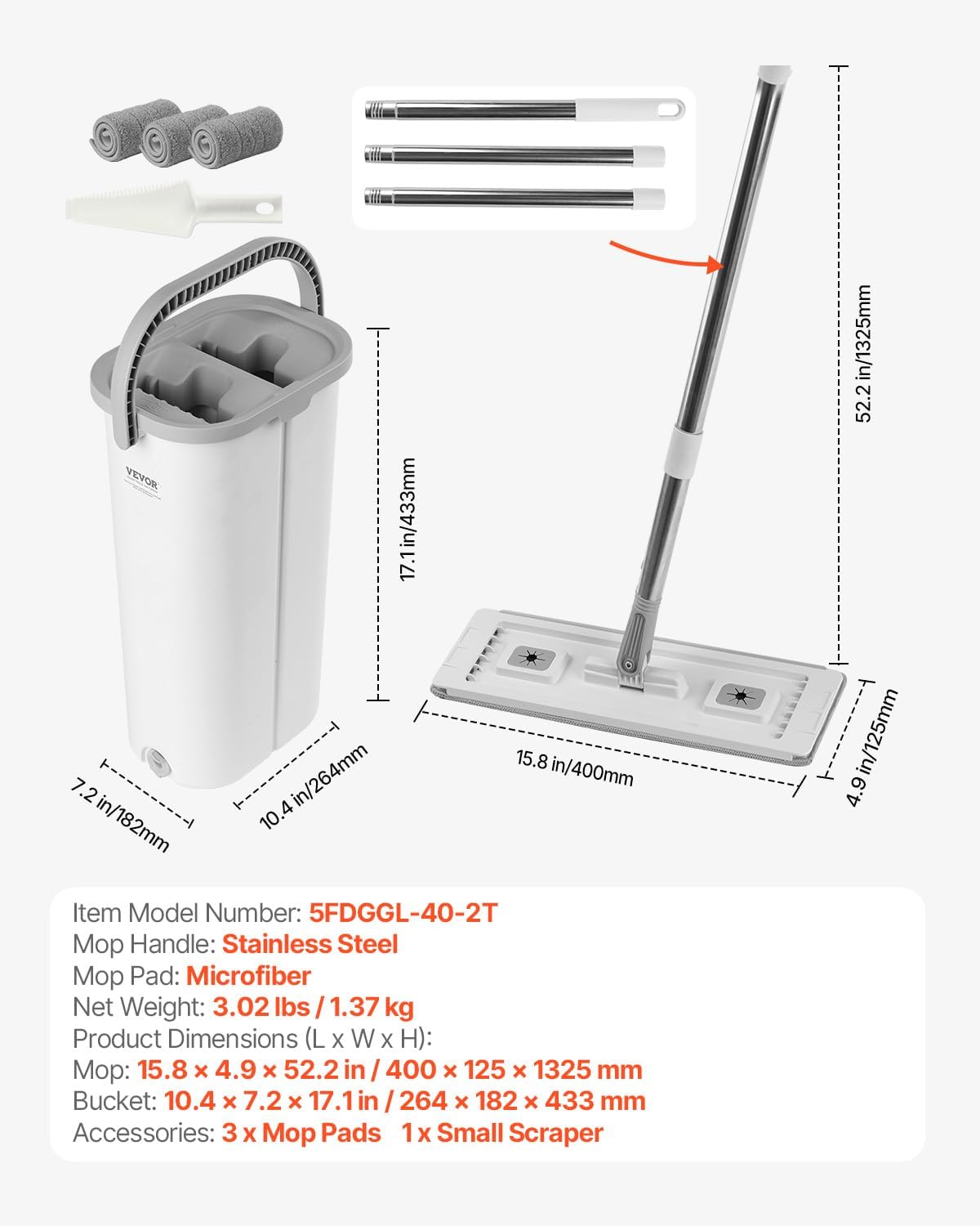 VEVOR Mop and Bucket with Wringer Set, Wet & Dry Use, Flat Mop and Bucket System with 3 Washable Microfiber Pads, Flat Mop with Stainless Steel Handle, Mop Bucket Set for Hardwood Tile Vinyl