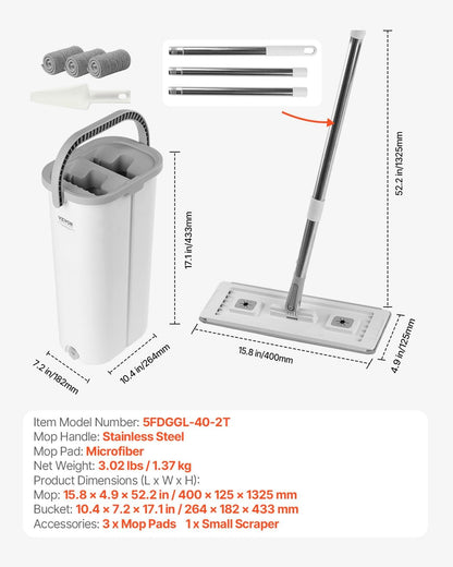 VEVOR Mop and Bucket with Wringer Set, Wet & Dry Use, Flat Mop and Bucket System with 3 Washable Microfiber Pads, Flat Mop with Stainless Steel Handle, Mop Bucket Set for Hardwood Tile Vinyl