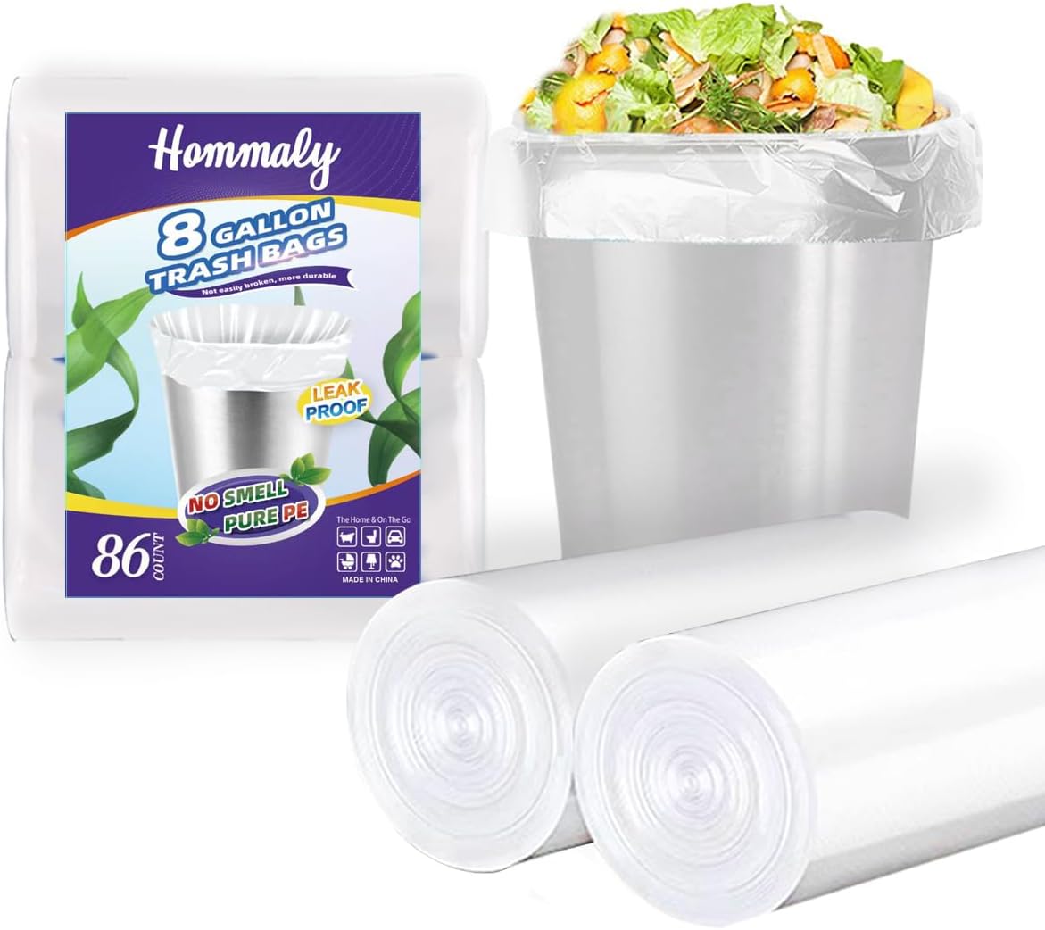 Hommaly 2 Gallon (1.8-2 Gal)120 pcs Small Clear Trash Bags, Strong 1.8 Gallon Garbage Bags, Bathroom Trash Can Bin Liners Unscented, Mini Plastic Bags for Office, Waste Basket Liner,Fit 6,7,8 Liters