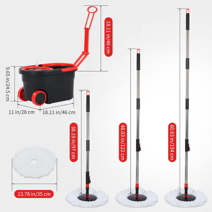Mop and Bucket Set, 360° Spin Mop and Bucket with Wringer Set and 3 Microfiber Mop Refills, Stainless Steel 61" Extended Handle Spinning Mop Bucket System for Floor Cleaning