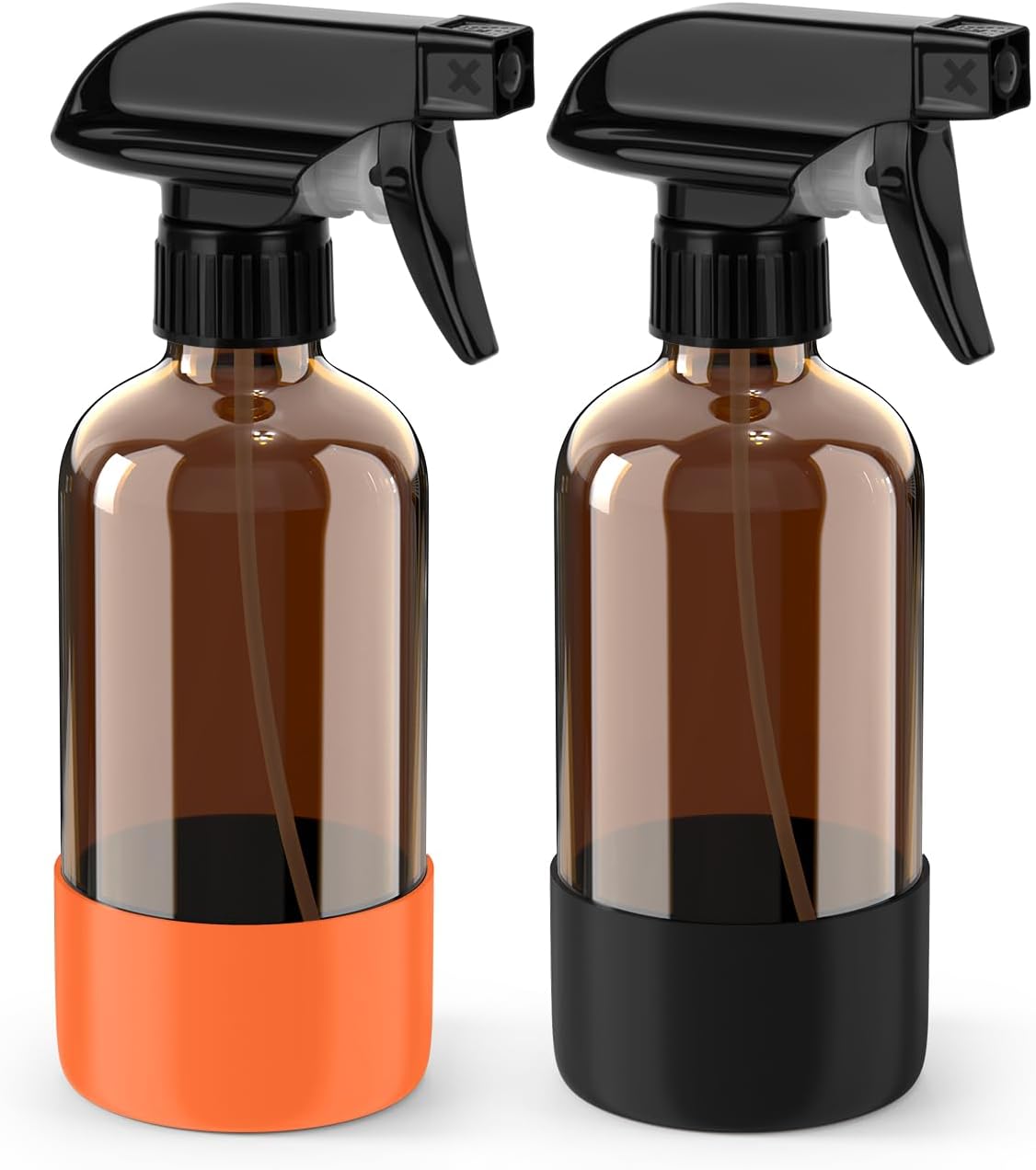 Bontip Glass Spray Bottle with Silicone Sleeve Protection, Amber Glass Spray Bottle Set for Window Cleaner Aromatherapy Facial Hydration Watering Flowers Hair Care 2 Pack/16 oz (Black & Brown)