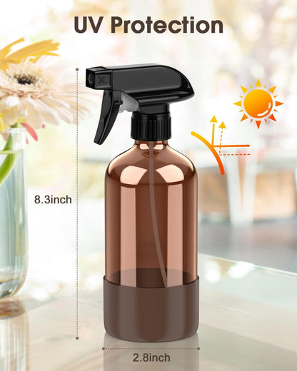 Bontip Glass Spray Bottle with Silicone Sleeve Protection, Amber Glass Spray Bottle Set for Window Cleaner Aromatherapy Facial Hydration Watering Flowers Hair Care 2 Pack/16 oz (Black & Brown)