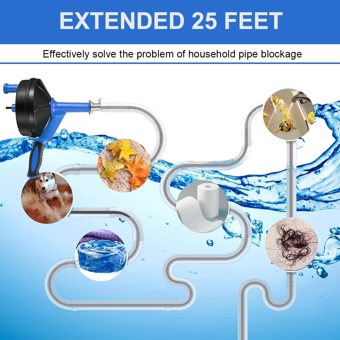 Drain Auger, Clog Remover with Drill Adapter, 25 Feet Flexible Plumbing Snake Use Manually or Powered for Kitchen, Bathroom and Shower Sink, Comes with Gloves (orange)