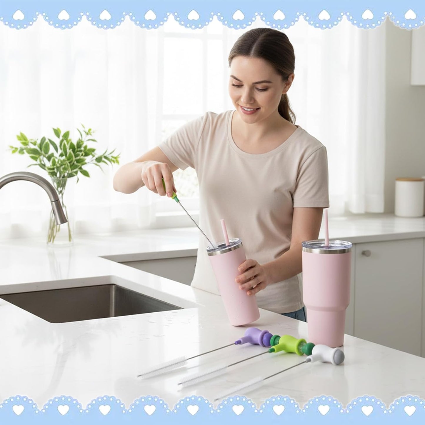 Straw Cleaner Brush Set: 3 Pcs Reusable Pea Long Straw Pipe Cleaner Brushes and 2 Pcs Cup Lid Cleaning Brush for Water Bottles and Tumblers