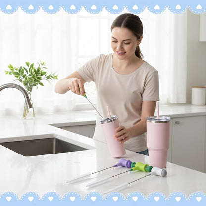 Straw Cleaner Brush Set: 3 Pcs Reusable Pea Long Straw Pipe Cleaner Brushes and 2 Pcs Cup Lid Cleaning Brush for Water Bottles and Tumblers