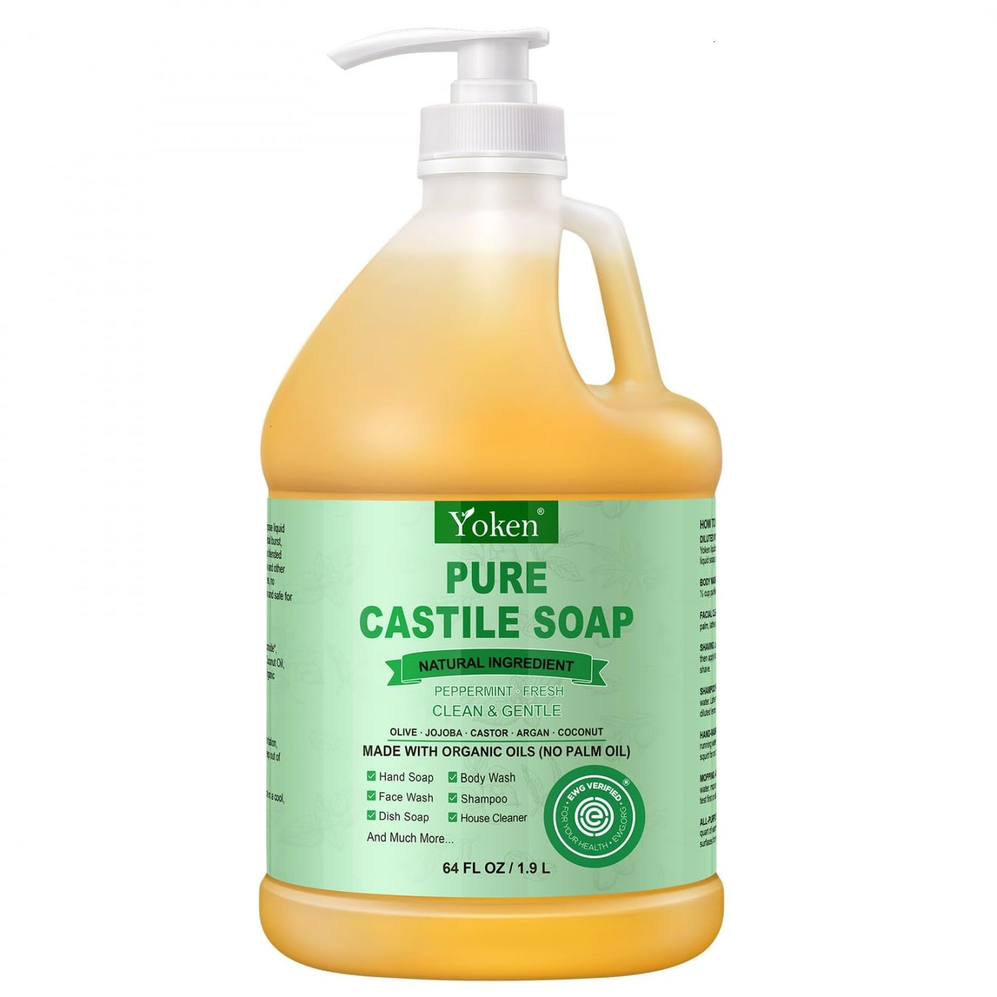 Yoken Castile Soap Liquid EWG Verified(1 Gallon, Unscented) Pure-Castile Liquid Soap for Body, Face, Hand, Pets, Laundry, Dish Soap and More - Made With Organic Oil, Vegan, Clean & Gentle, Versatile