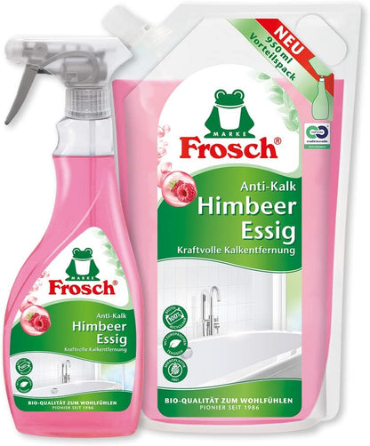 Frosch Raspberry Vinegar Anti-limescale Cleaner, Power Cleaner - Extra Strong Against Dirt and Limescale for Kitchen and Bathroom in Refill Bag 1 Pack (1 x 950 ml)