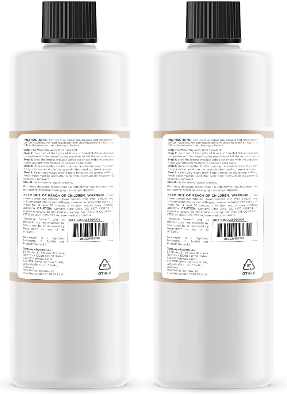 Essential Values Descaling Solution (8 fl oz / 236 ml) – Coffee Maker Cleaner for Nespresso, Keurig, Breville & More – Works on All Machines & Espresso Makers – Made in USA