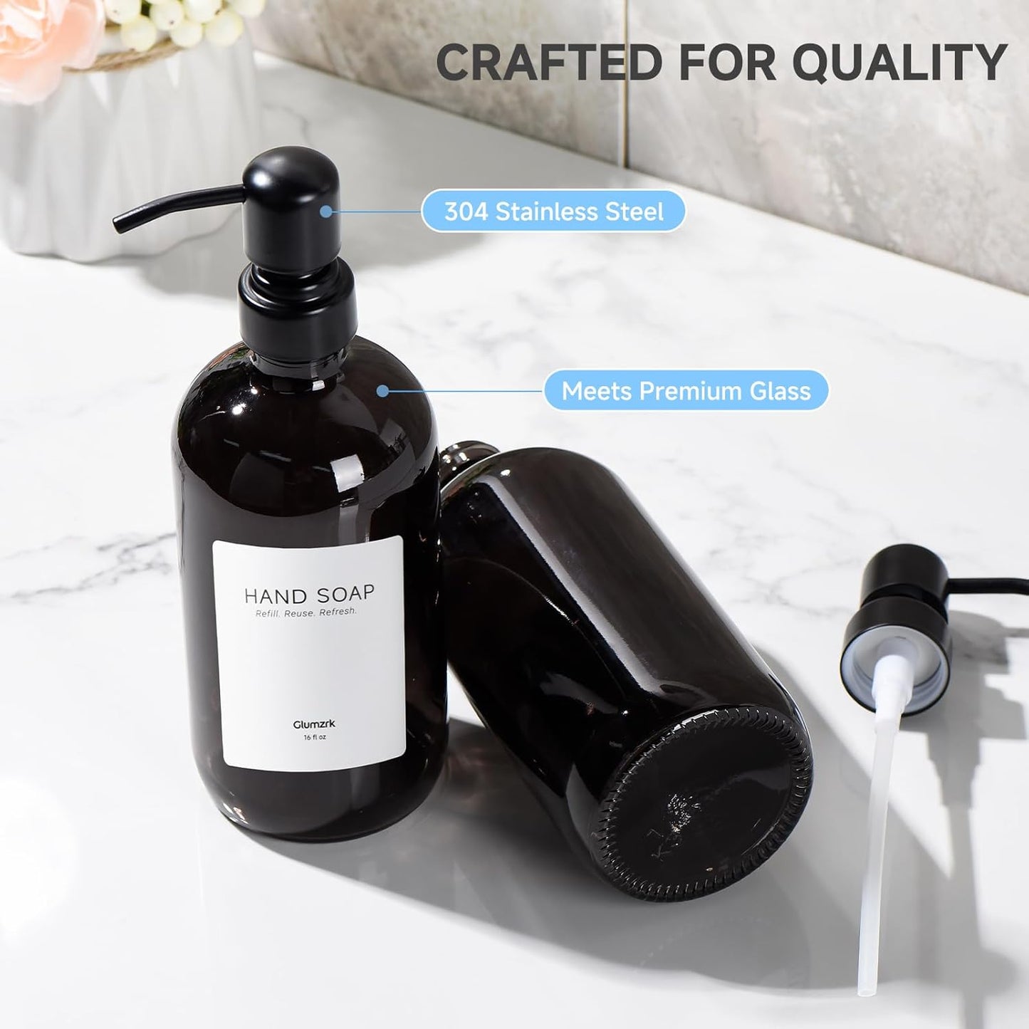 2 Pack Kitchen Soap Dispenser Set - 16oz Amber Glass Dish and Hand Soap Dispenser with Stainless Steel Pump, Instant Dry Tray, Dish Brush & Holder, Refillable Countertop Sink Decor for Kitchen & Bath