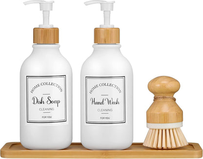 Zopeal 4 Pcs 16 oz Kitchen Soap Dispenser Set with Bamboo Tray and Dish Brush Plastic Soap Dispenser Set with Waterproof Labels for Hand Dish Lotion(Frosted Black)