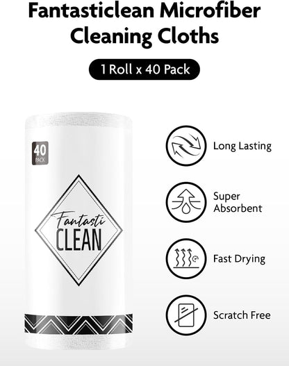 Fantasticlean Microfiber Cleaning Cloth Roll -40 Pack, Tear Away Microfiber Towels, 12" x 12", Reusable, Washable, Scratch Free, Ultra Absorbent Dishcloth for All-Around Cleaning Supplies (White)