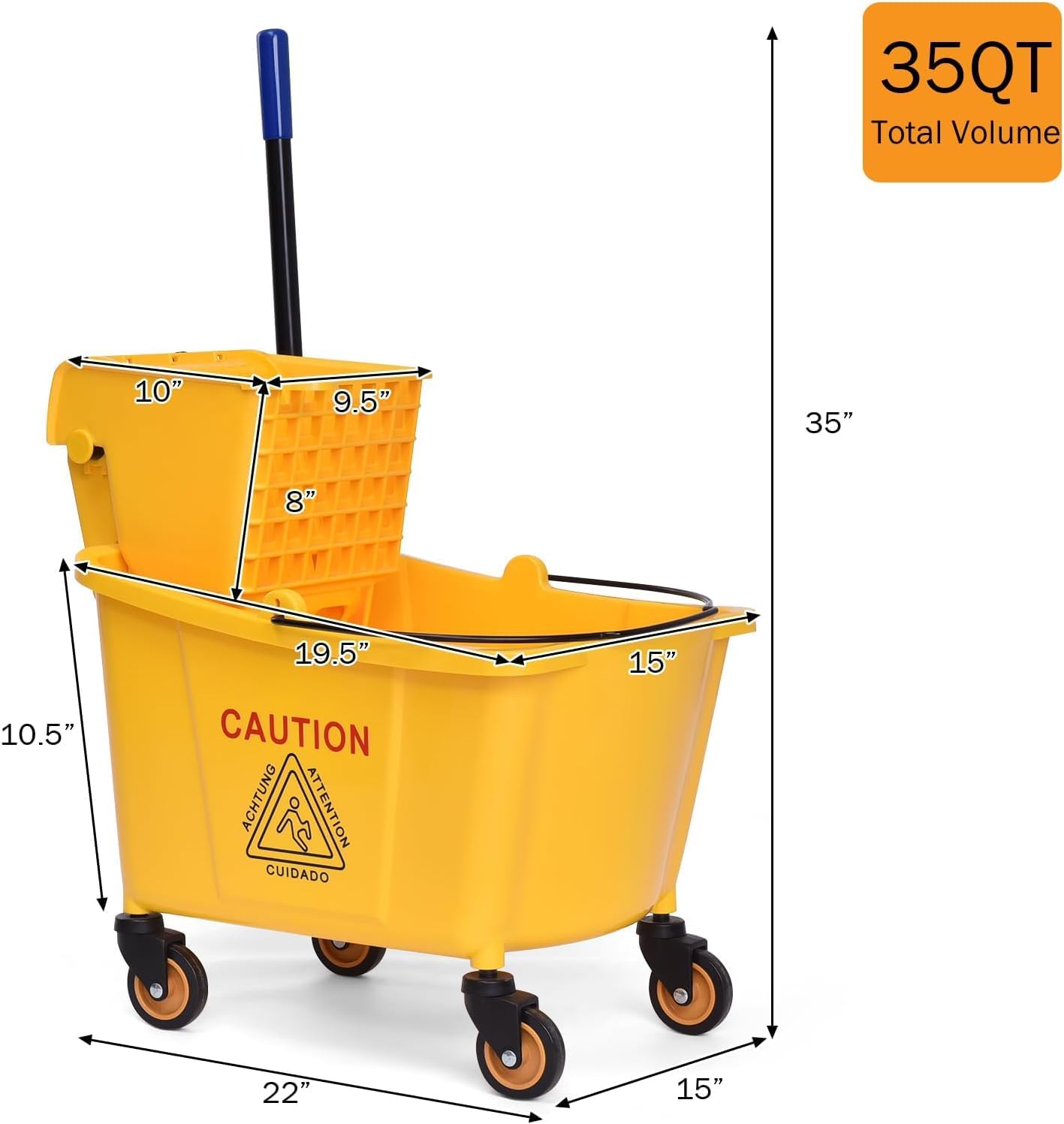 Mop Bucket, Commercial Bucket for Mopping on Wheels with Potable Handle, Mop Bucket with Wringer for Home, Household, Office, Bathroom, Yellow (25 Quarts)