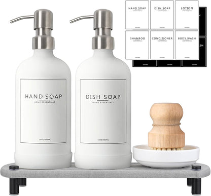 Kitchen Soap Dispenser Set with Instant Dry Tray,16 Oz Hand and Dish Soap Black Glass Dispenser Set,Stainless Steel Pump,Waterproof Labels&Dish Brush,Luxury Soap Bottle for Kitchen,Bathroom