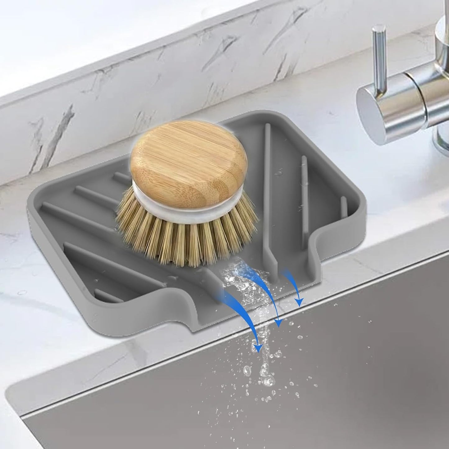 JACZZO Silicone Sponge Holder for Kitchen Sink With Drain Spout, Self Draining, Kitchen Soap Tray, Bathroom Organizer, Sink Caddy (Grey, 10×4)