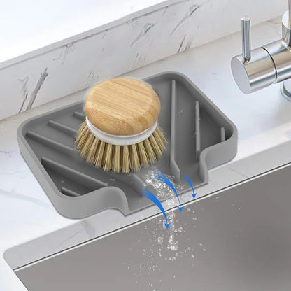 JACZZO Silicone Sponge Holder for Kitchen Sink With Drain Spout, Self Draining, Kitchen Soap Tray, Bathroom Organizer, Sink Caddy (Grey, 10×4)