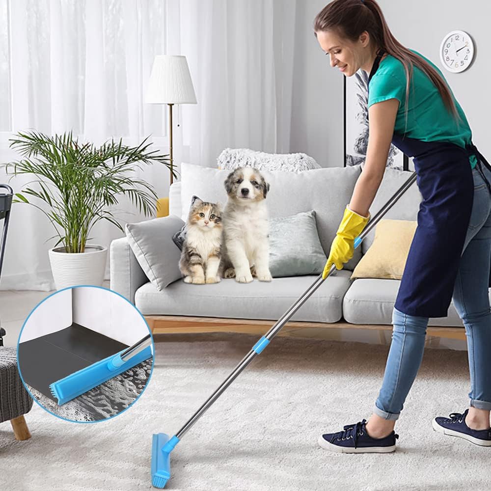 LandHope Carpet Rake for Pet Hair Remover Long Handle with Squeegee, Rubber Broom Carpet Brush Non Scratch Bristles Fur Remover Indoor Outdoor Push Broom for Cat Dog Hair Hardwood Tile Windows Clean