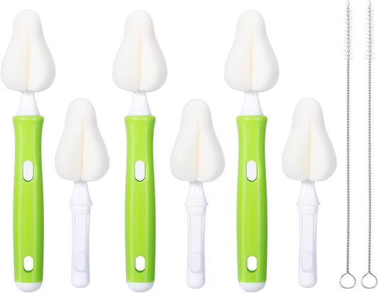 Carebabymore 8 Piece Sponge Nipple Bottle Brushes, Baby Bottle Brush with 3 Piece Nipple Cleaner, 3 Piece Replacement Heads and 2 Piece Straw Brushes, Green