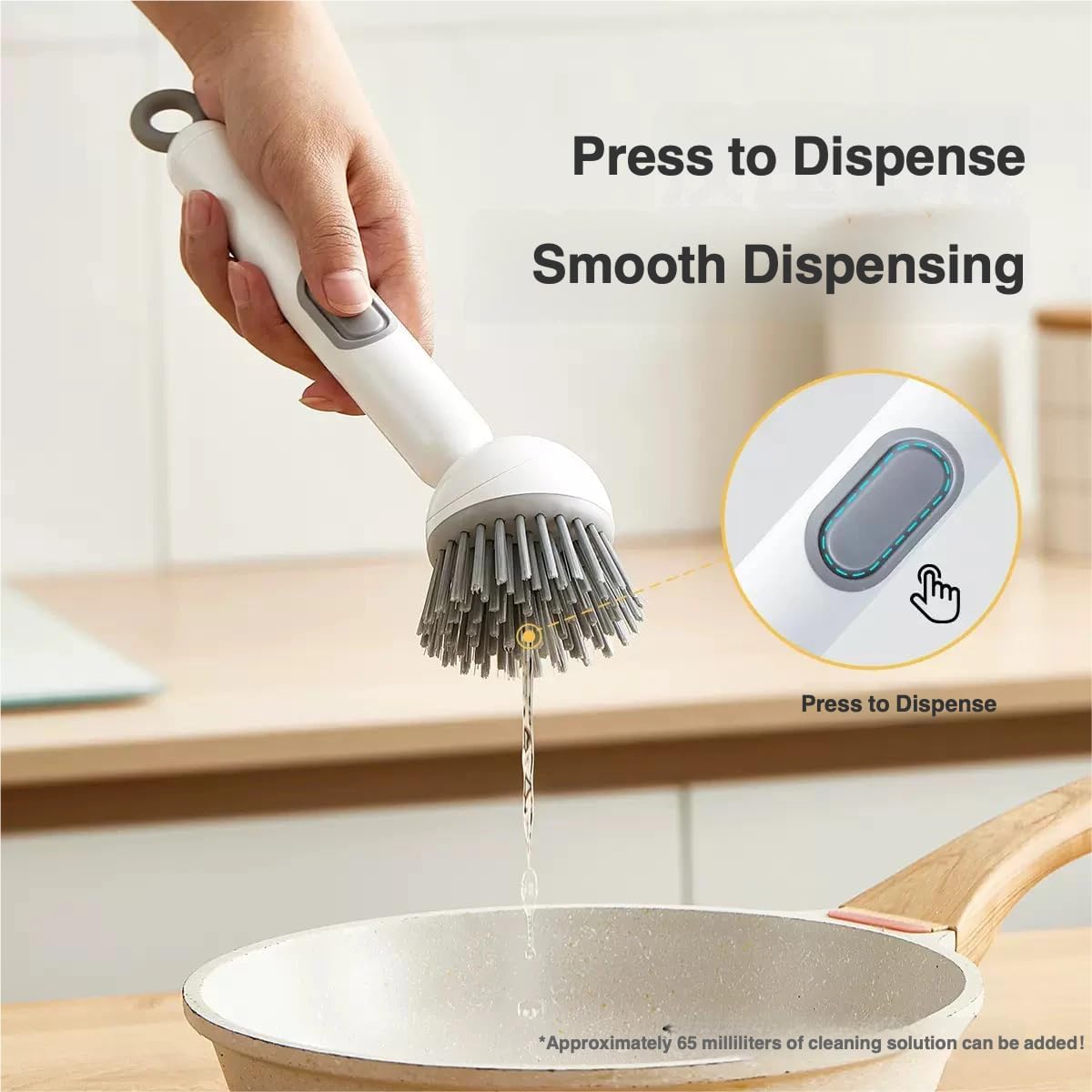 Long-Handled Rotating Pot Brush with Liquid Dispenser | Adjustable Dish Scrubber | Refillable Cleaning Brush for Kitchen | White
