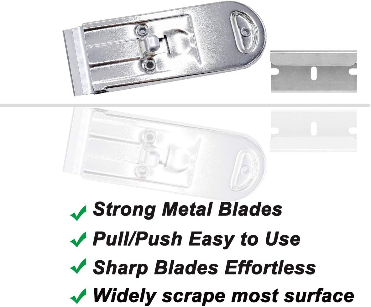 Razor Blades Metal Scraper Tool Pull Push Glass Scraper Stove Top Scraper Window Ceramic Scraper with10 PCS Single Edge Replacement Scraper Blades Removing Decal Label Residue Sticker,Silver
