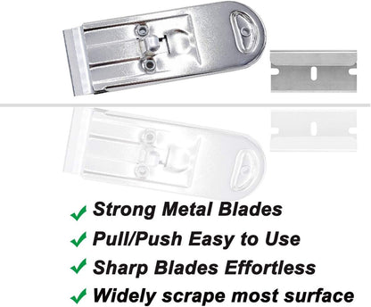 Razor Blades Metal Scraper Tool Pull Push Glass Scraper Stove Top Scraper Window Ceramic Scraper with10 PCS Single Edge Replacement Scraper Blades Removing Decal Label Residue Sticker,Silver