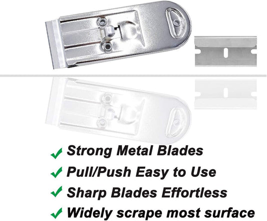 Razor Blades Metal Scraper Tool Pull Push Glass Scraper Stove Top Scraper Window Ceramic Scraper with10 PCS Single Edge Replacement Scraper Blades Removing Decal Label Residue Sticker,Silver