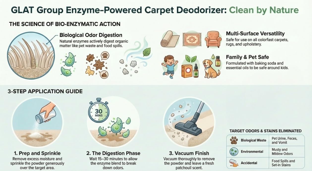 Enzyme-Powered Carpet Deodorizer (Powder) - Patchouli | Natural Pet Odor Eliminator | Bio-Enzymatic Formula, Premium Performance, Eco Friendly | 16 oz