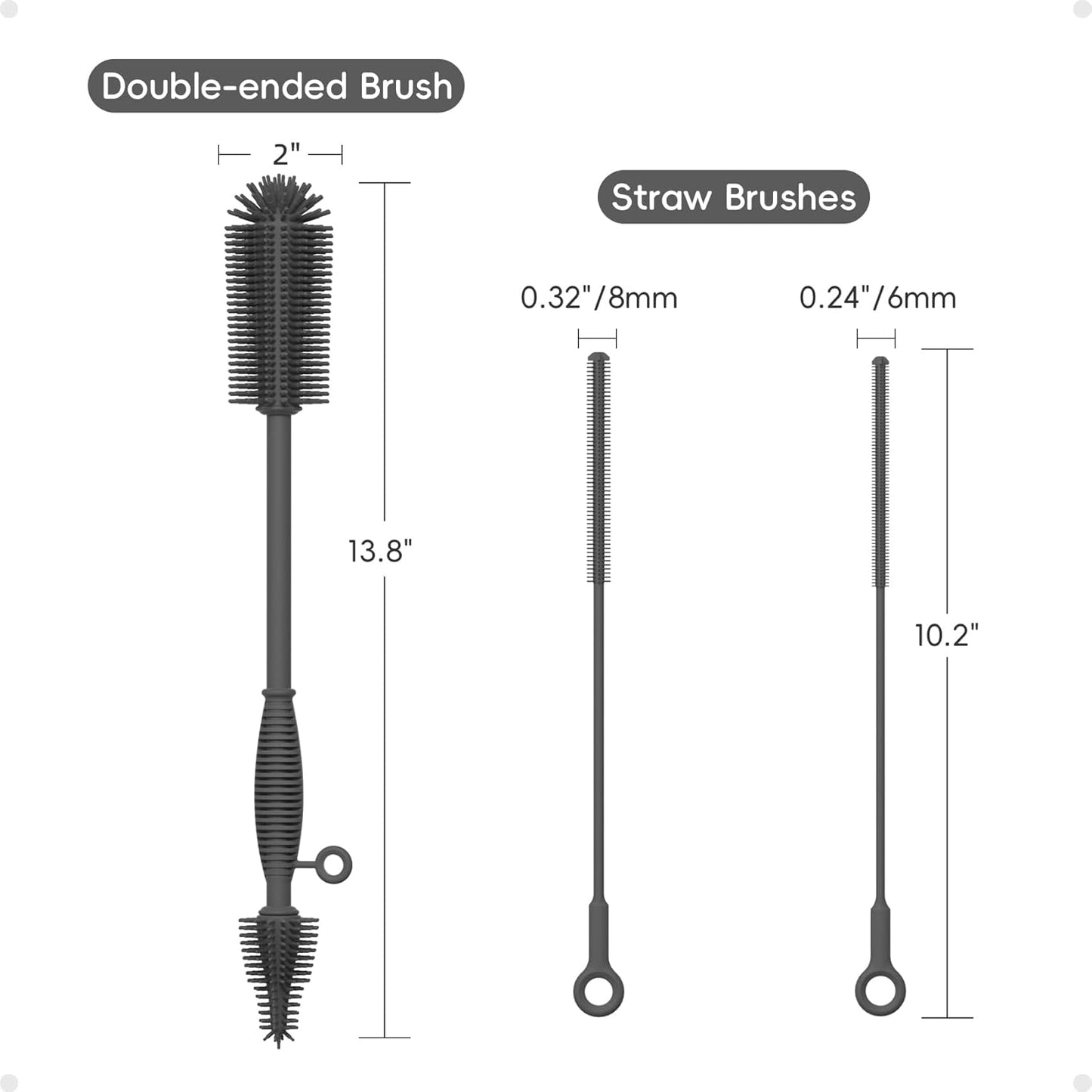 Reusable Silicone Straw Cleaner Brush Set, 2-Pack Extra Long Straw Cleaning Brush for Metal Glass Water Bottle Drinking Straws, Flexible&Bendable Design, Dishwasher Safe, 6mm & 8mm Diameter