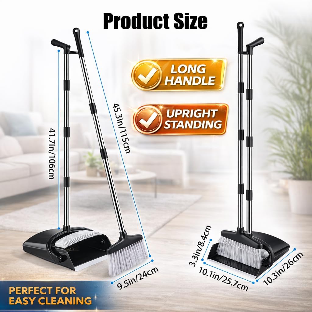 Broom and Dustpan Set with Long Handle, Upright Standing Self-Cleaning Combo, Windproof Dustpan with 6 Bonus Cleaning Tools for Pet Hair, Home, Kitchen, Garage & Apartment