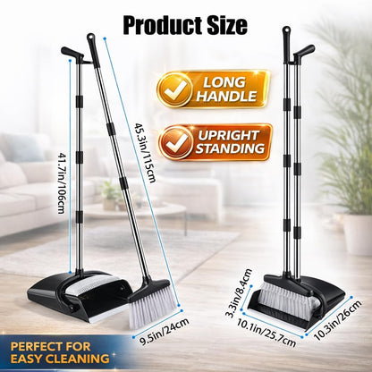 Broom and Dustpan Set with Long Handle, Upright Standing Self-Cleaning Combo, Windproof Dustpan with 6 Bonus Cleaning Tools for Pet Hair, Home, Kitchen, Garage & Apartment