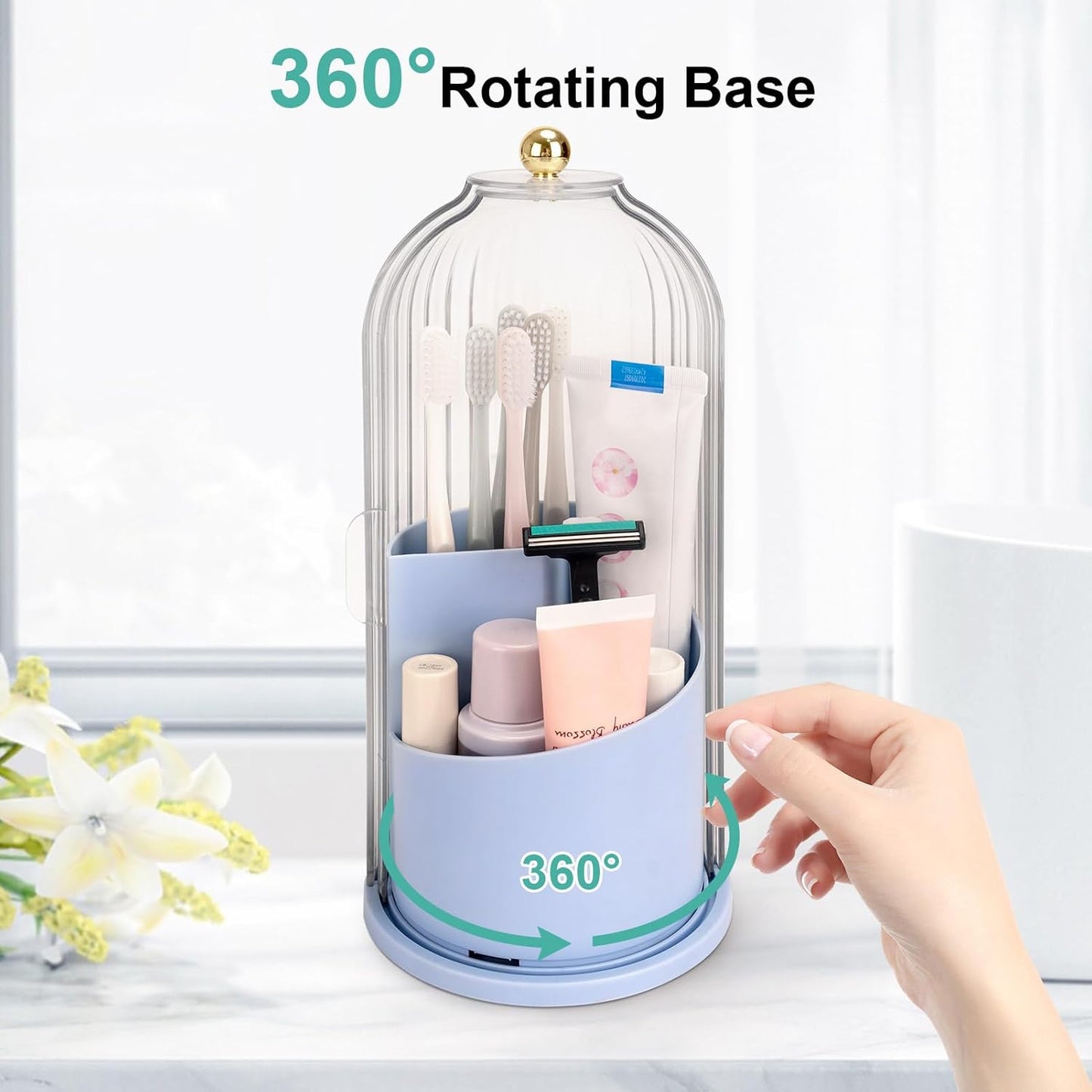 QIYVLOS Toothbrush Holders with Sliding Lid, Rotating 3 Slots Bathroom Organizer Countertop, Tooth Brush Toothpaste Holder Bathroom Counter Stand Sink Organizer Caddy for Vanity Makeup Brushes Holder