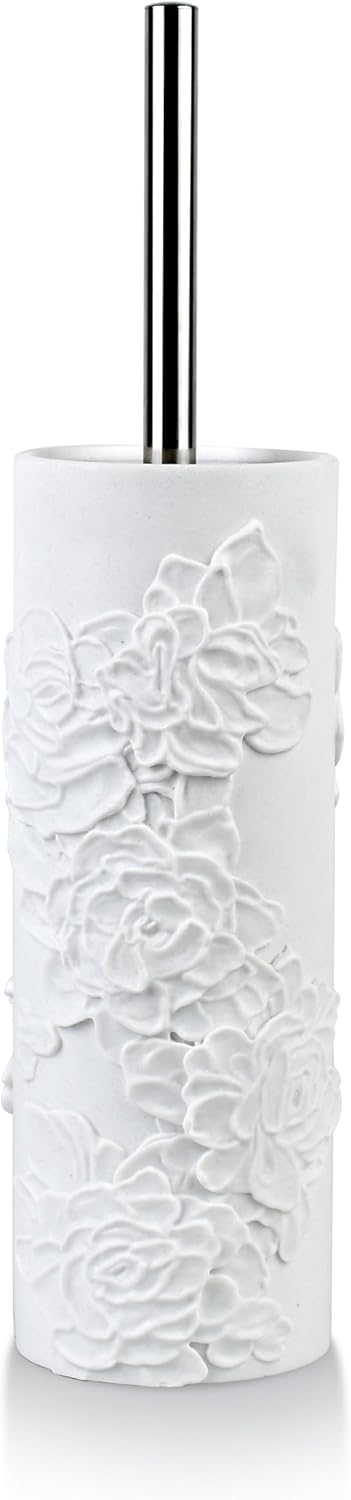 White Floral Branches Design Resin Toilet Bowl Brush and Holder Set, Elegant Bathroom Cleaning Tool with Durable Bristles, Compact and Functional