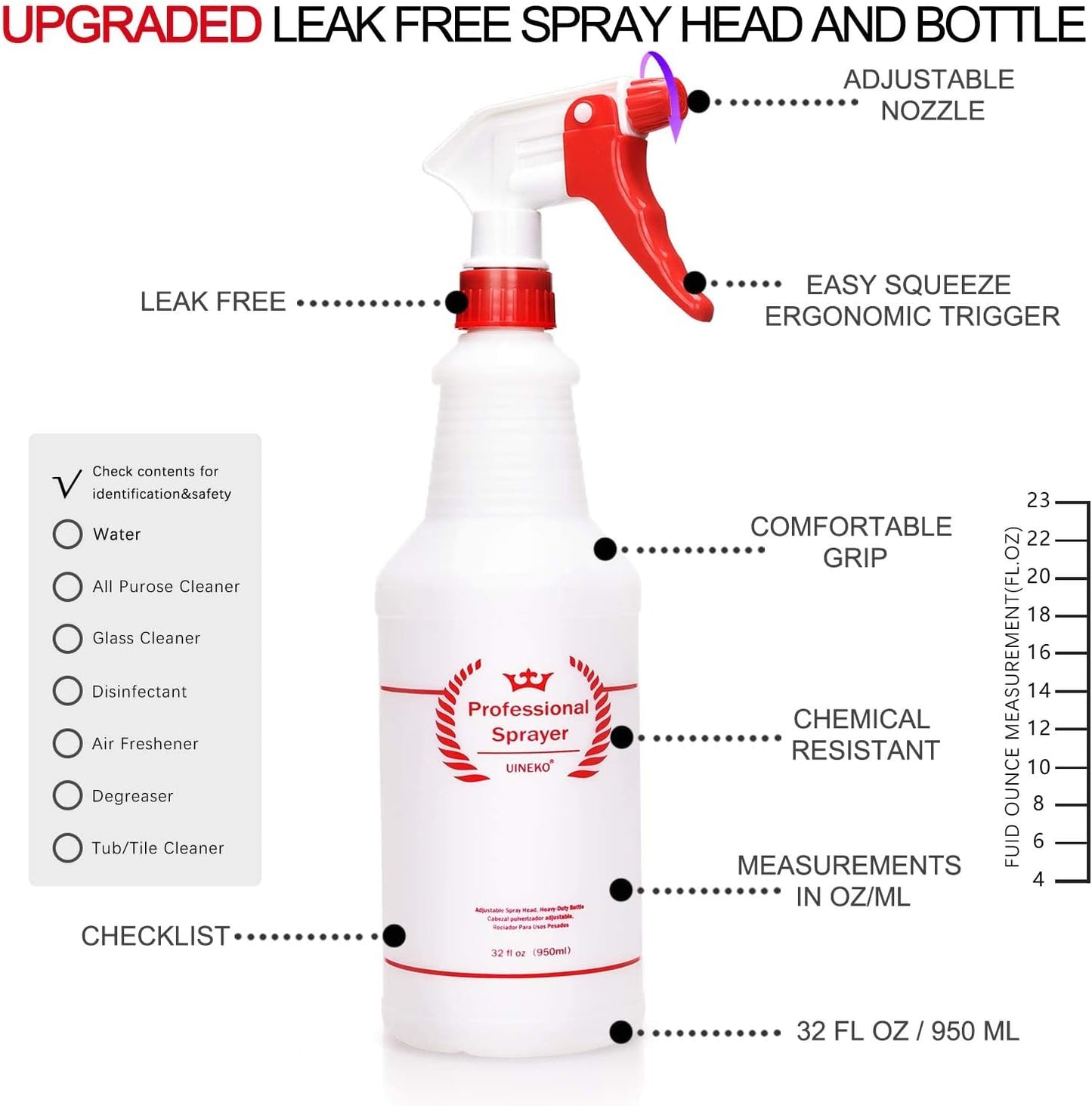 Uineko Plastic Spray Bottle (4 Pack, 24 Oz, All-Purpose) Heavy Duty Spraying Bottles Leak Proof Mist Empty Water Bottle for Cleaning Solution Planting Pet with Adjustable Nozzle and Measurements