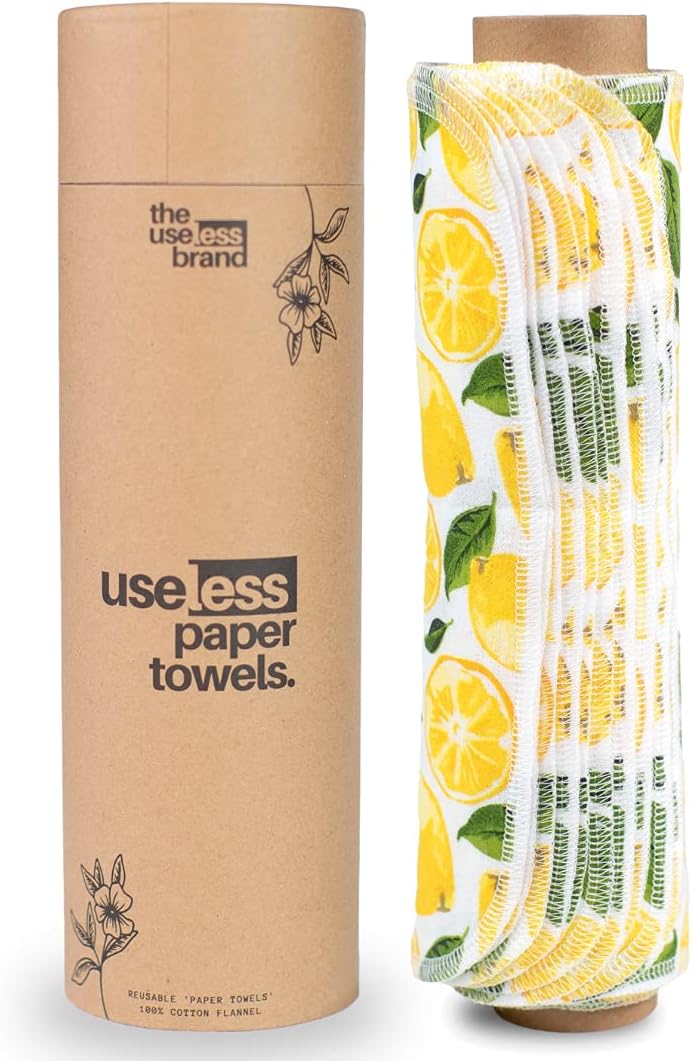 The Useless Brand Reusable Paper Towels Roll | 12 Eco Friendly Washable Cotton Flannel Towels w/Cardboard Roll | Zero Waste & Sustainable | Fits on Most Holders (Lemons, 12 Pack)