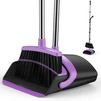 Broom and Dustpan Set for Home, 51-in Long Adjustable Handle Angle Broom and Dustpan Combo Set with Dust Pan Teeth to Clean Hair for Home Kitchen Office Lobby Floor Garden (Black&White)