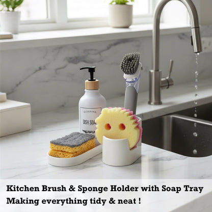 Ceramic Sponge Holder for Kitchen Sink, 2-in-1 Sponge & Brush Organizer, Compact Countertop Sink Caddy with Raised Edge to Catch Drips, Keeps Countertops Dry, Dishwasher Safe, Rustproof, White