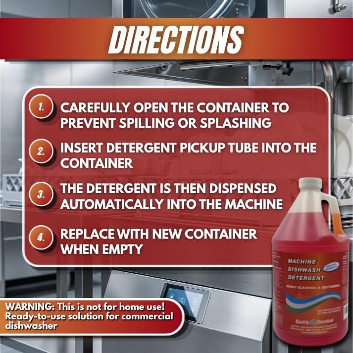Quality Chemical Heavy Duty Liquid Alkaline Commercial Dishwasher Detergent - Industrial-Grade Formula Dissolves Food Stains, Grease, Grime and Residue - No Pre-Rinse Needed - Ready-to-Use 128oz