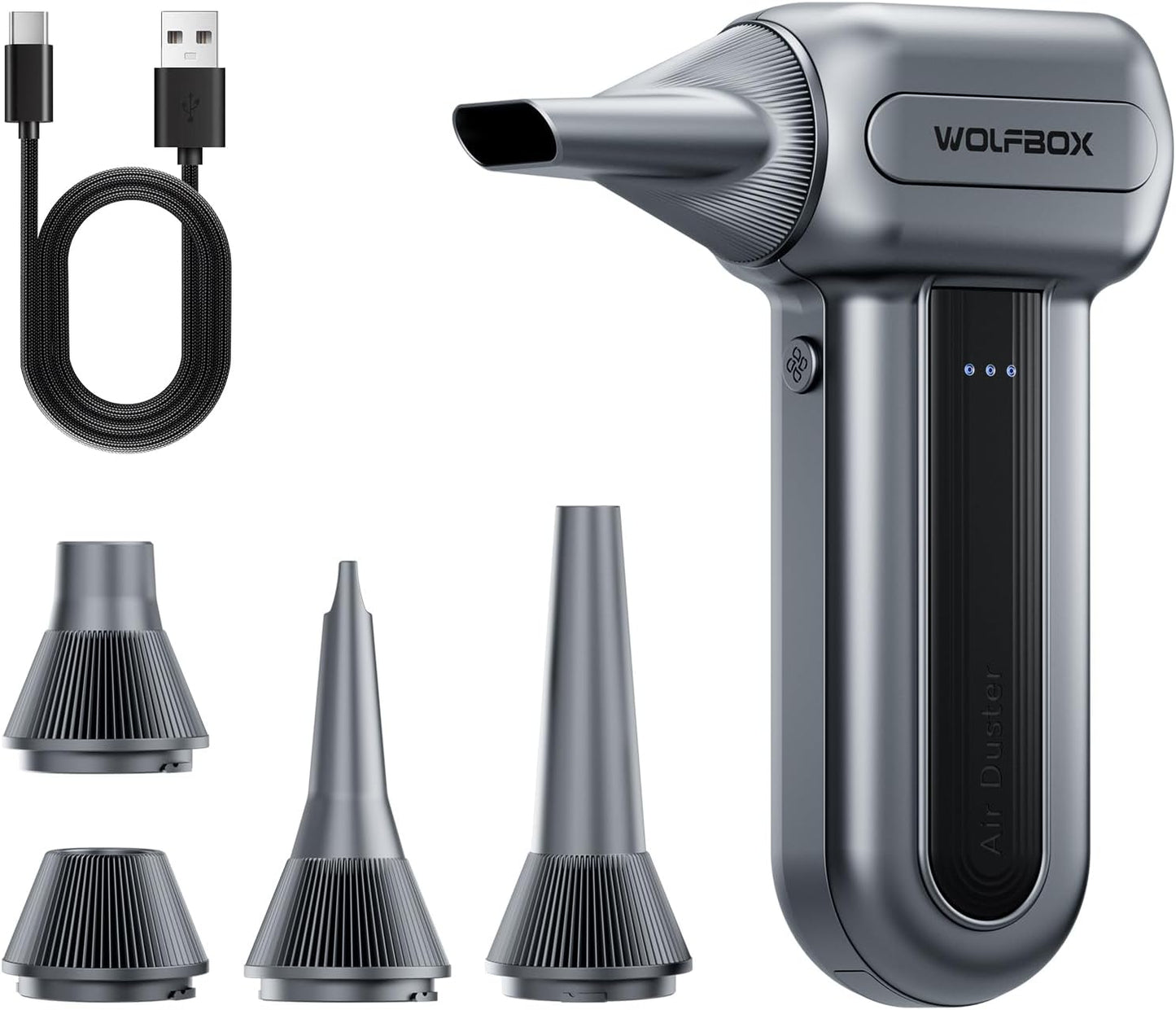 WOLFBOX MF60 Compressed Air Duster-110000RPM Super Power Electric Air Duster, 3-Speed Adjustable Rechargeable Cordless Air Blower with Fast Charging for PC Keyboard Cleaning, Car, Home, 5 Nozzle