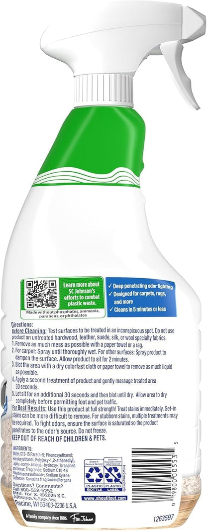 Shout Pet Stain Remover Spray, Color-Safe Multisurface & Carpet Cleaner Solution for Dog & Cat Urine, Feces, Vomit & Mud, Fights Odors & Remarking, Fast-Acting Cleans in 5 Minutes or Less, 22oz