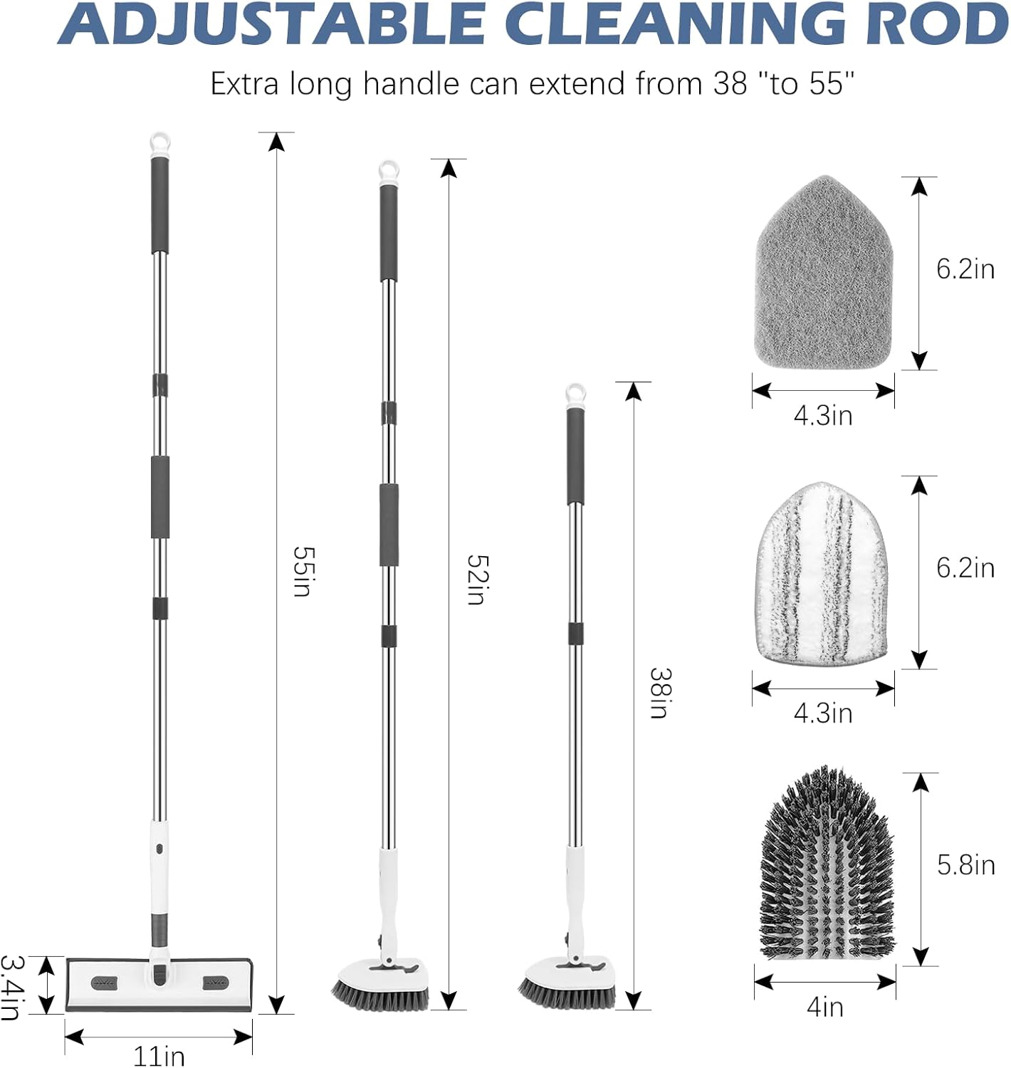 SetSail Tile Tub Scrubber Brush 3-in-1 Shower Scrubber with 52-inch Adjustable Long Handle Shower Cleaner Brush and 3 Detachable Replacement Brush Heads for Cleaning Bathroom Kitchen Walls Tub Tile