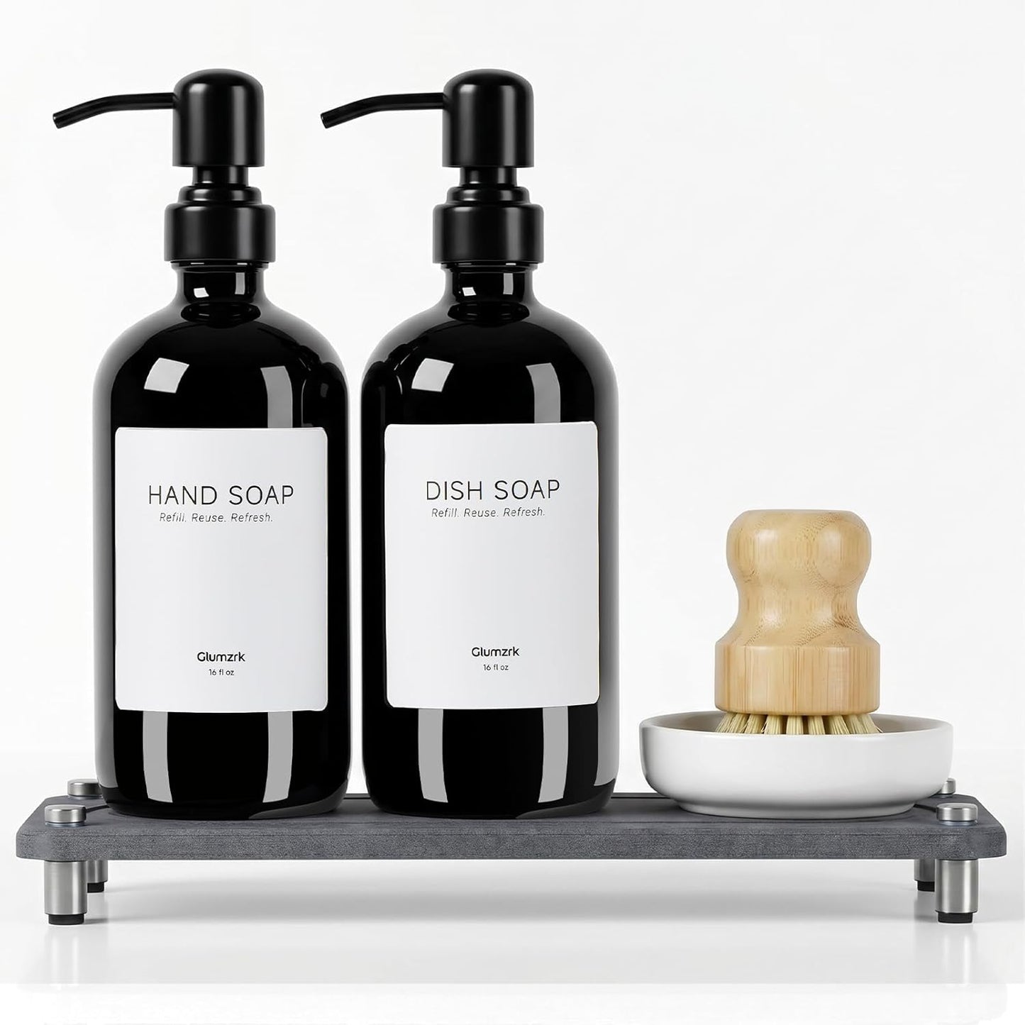 2 Pack Kitchen Soap Dispenser Set - 16oz Amber Glass Dish and Hand Soap Dispenser with Stainless Steel Pump, Instant Dry Tray, Dish Brush & Holder, Refillable Countertop Sink Decor for Kitchen & Bath