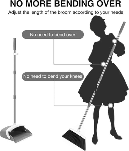 NACENA Broom and Dustpan Set, 52-in Long Adjustable Handle Broom Dustpan Combo with Dustpan Teeth to Automatically Clean Hair Suitable for Home Kitchen Office Hall Floor（Black&Red）