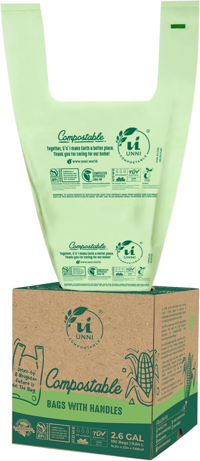 UNNI 13 Gallon Compostable Trash Bags with Tie Handles, 30 Count Small Food Scrap Kitchen Compost Bags for Countertop Bin, Certified by BPI, CMA & OK compost HOME, Meets ASTM D6400
