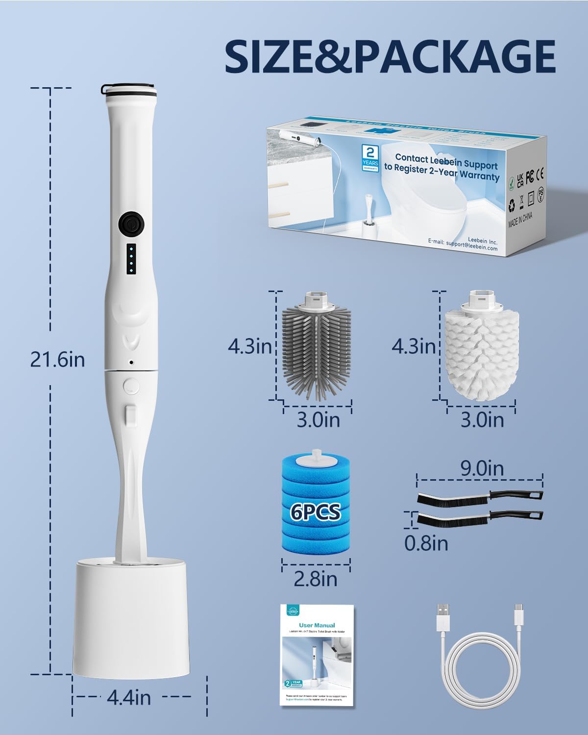 24 Wand Refills and Replaceable Brush Heads Kit for Leebein HK-047 Electric Toilet Brush, Hard Nylon Brush Head and TPU Silicone Brush Head, 24PCS Sponge Pad with Cleaner, Machine Not Included