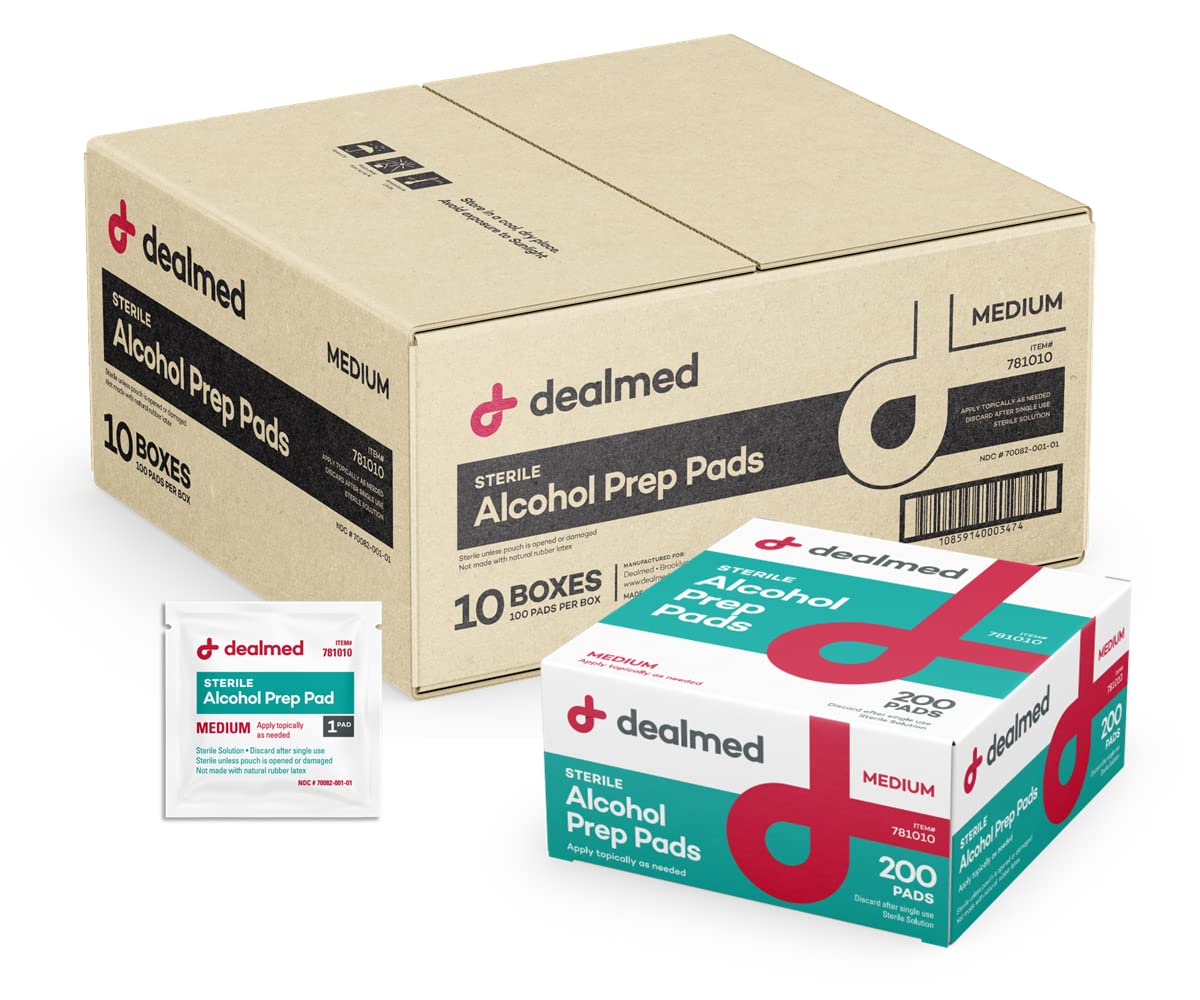 Dealmed 200 Sterile Alcohol Prep Pads Isopropyl Wipes Individually Wrapped Medium Square, 2-Ply for Cuts Scrapes and General Cleansing