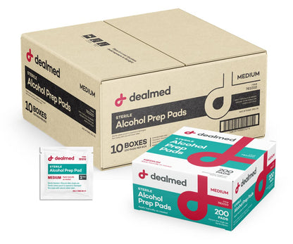 Dealmed 200 Sterile Alcohol Prep Pads Isopropyl Wipes Individually Wrapped Medium Square, 2-Ply for Cuts Scrapes and General Cleansing