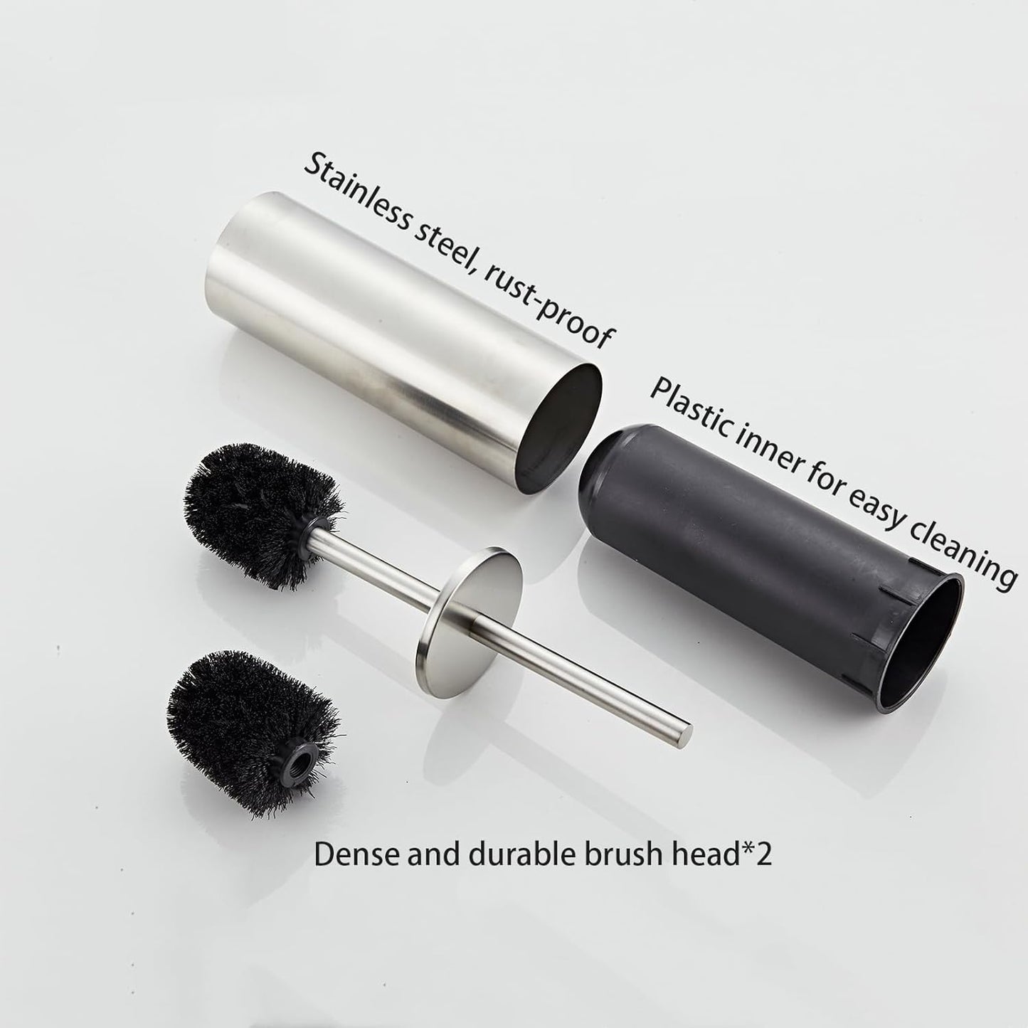 Brushed Gold Toilet Brush and Holder Set - Stainless Steel Toilet Bowl Scrubber with Replaceable Head & Splash Guard