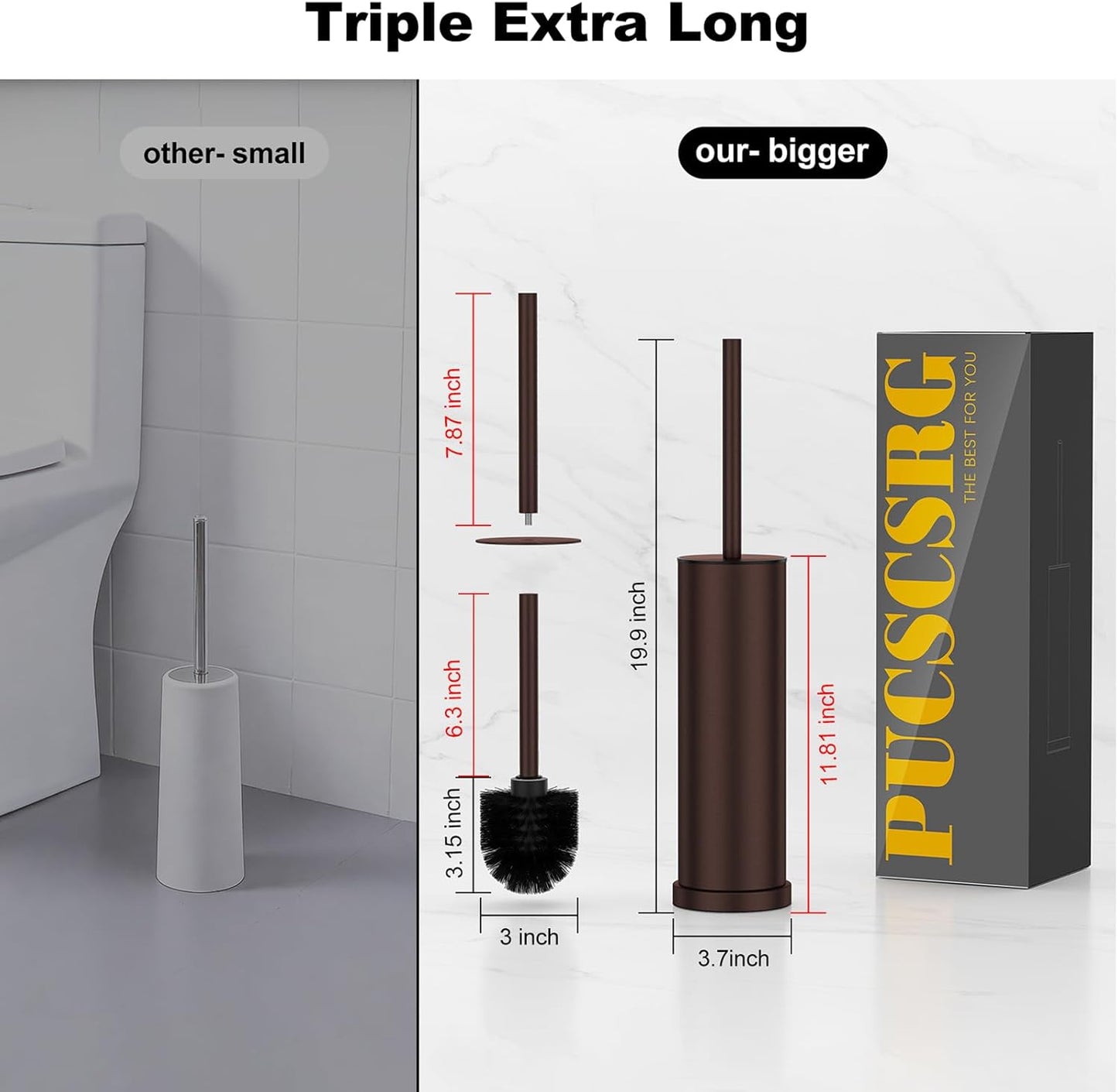 Bronze Toilet Brush and Holder Set，Stainless Steel Heavy Duty Toilet Bowl Brush，Extra Long Handled Modern Toilet Cleaner Brush, Removable Inner Bowl, and Splash Protection