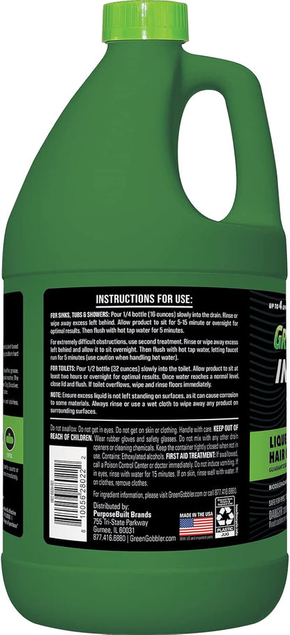 Green Gobbler Industrial Strength Grease and Hair Drain Clog Remover | Drain Cleaner Gel | Safe for Pipes, Toilets, Sinks, Tubs, Drains & Septic Systems | 64 fl. oz.