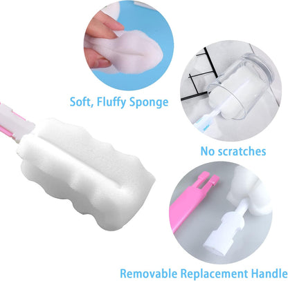 Bottle Brush Sponge Cup Brush Set with 4 Replacement Brush Head Portable Long Handle Water Bottle Cleaner Brush, for Baby Bottles Vacuum Flasks (4 Brushes + 4 Heads)